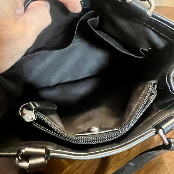 COACH 32702 Black Signature Drawstring Nylon Leather Double Straps Satchel Bag - Picture 6 of 10